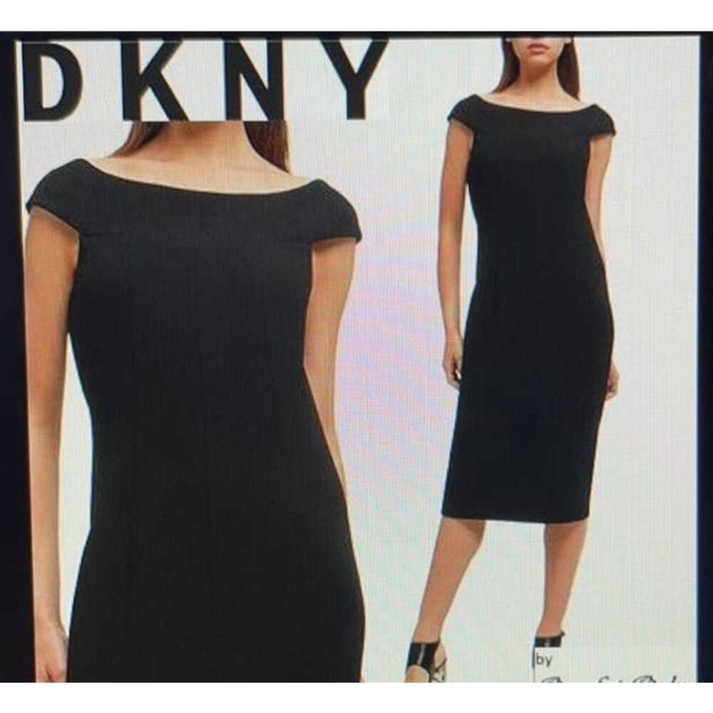 DKNY Sheath Dress Midi Exposed Zipper Sz 10 Black